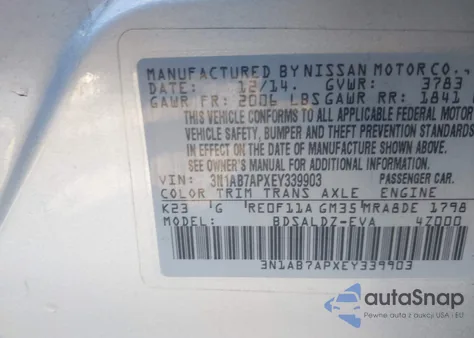 2014 Nissan Sentra Sv z USA, uszkodzony, nr VIN 3N1AB7APXEY339903